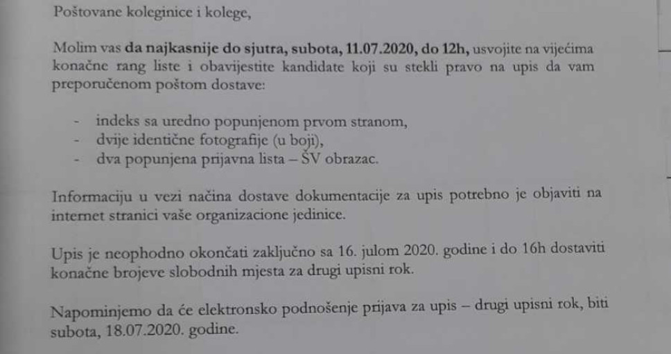 Obavještenje o upisu