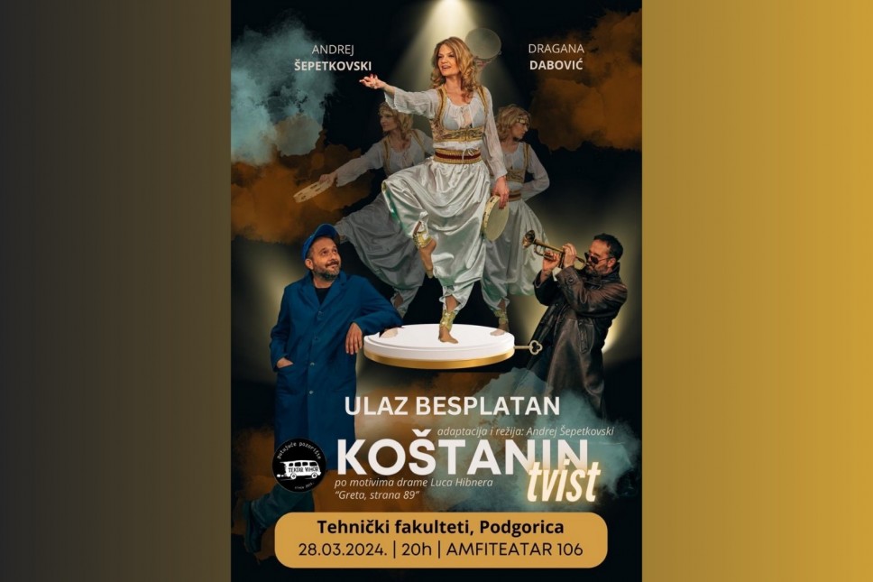 Invitation to students for the play "Koštanin Twist" on March 28th.