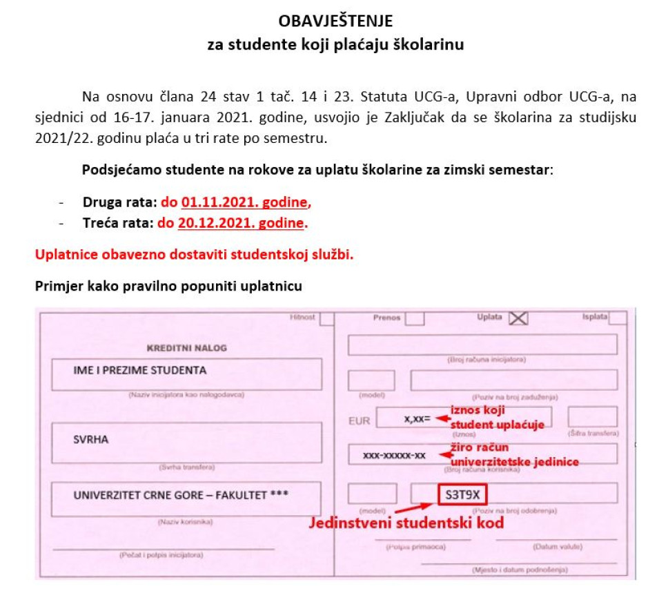 Obavještenje za studente koji plaćaju školarinu