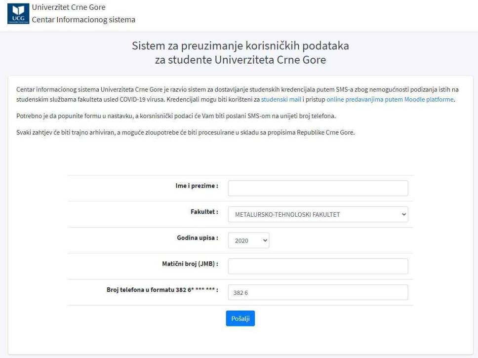 Uputsvo za preuzimanje kredencijala – korisničkog imena i lozinke, za studente svih godina