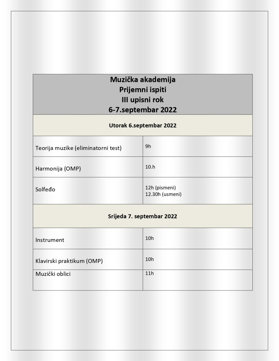 RASPORED POLAGANJA PRIJEMNIH ISPITA  III upisni rok 2022 - osnovne studije