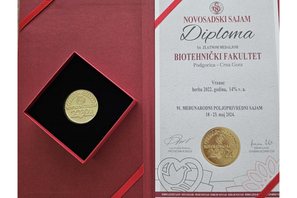 Gold medal for the premium red wine Vranac from the Biotechnical Faculty of UCG