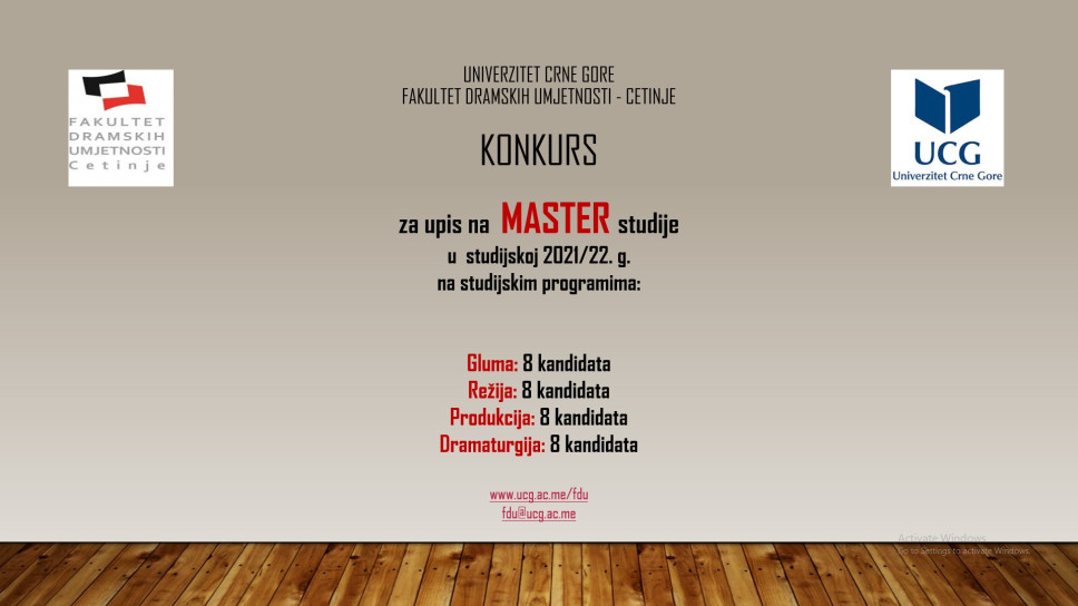 Konkurs  za upis u I godinu MASTER studija, obima 120 ECTS  kredita za studijsku 2021/22. g. na FDU - Cetinje