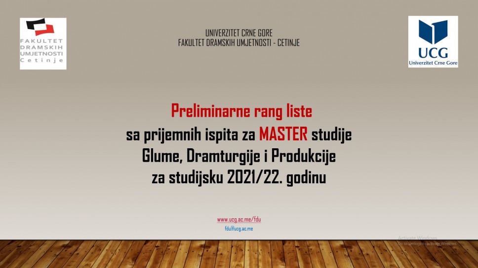 Preliminarne rang liste kandidata sa prijemnih ispita na master studijama: Režija, Gluma, Dramaturgija i Produkcija