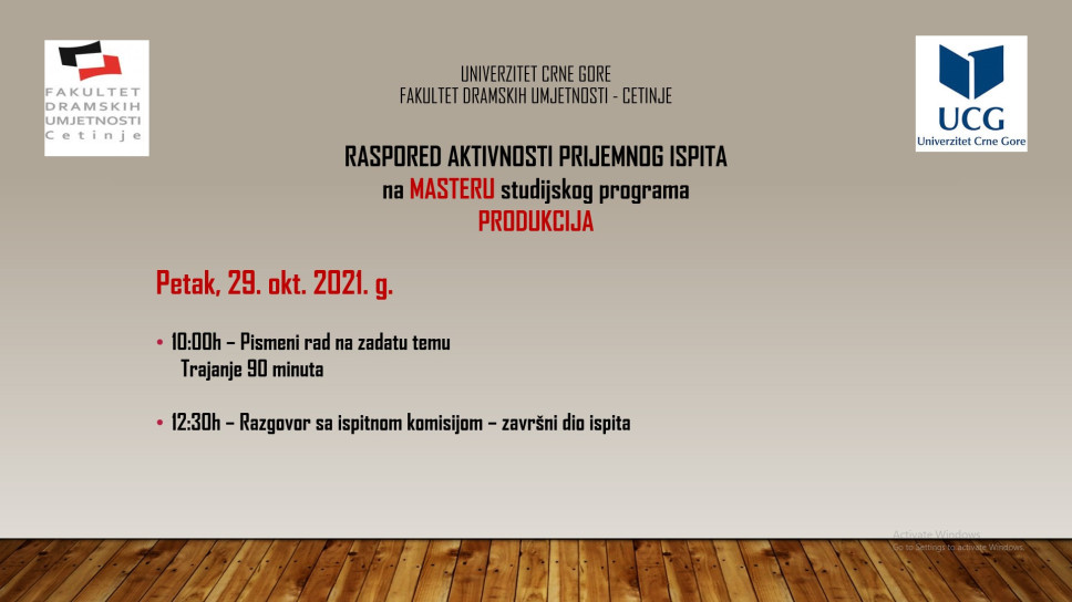 Raspored aktivnosti prijemnih ispita na MASTER studijama FDU - Cetinje u studijskog 2021/22.g.