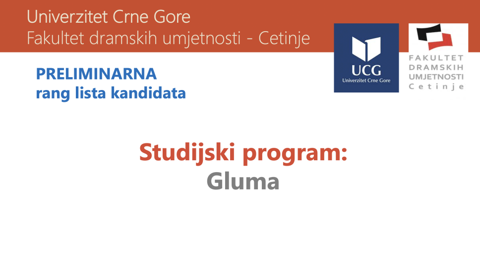 Preliminarna rang lista kandidata - studijski program Gluma