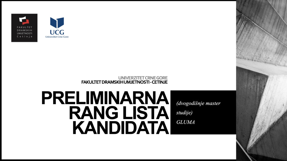 Preliminarna rang lista kandidata na MASTER studijama - studijski program GLUMA