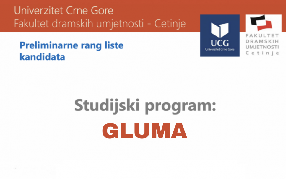 Preliminarna rang lista kandidata - studijski program Gluma - drugi upisni rok