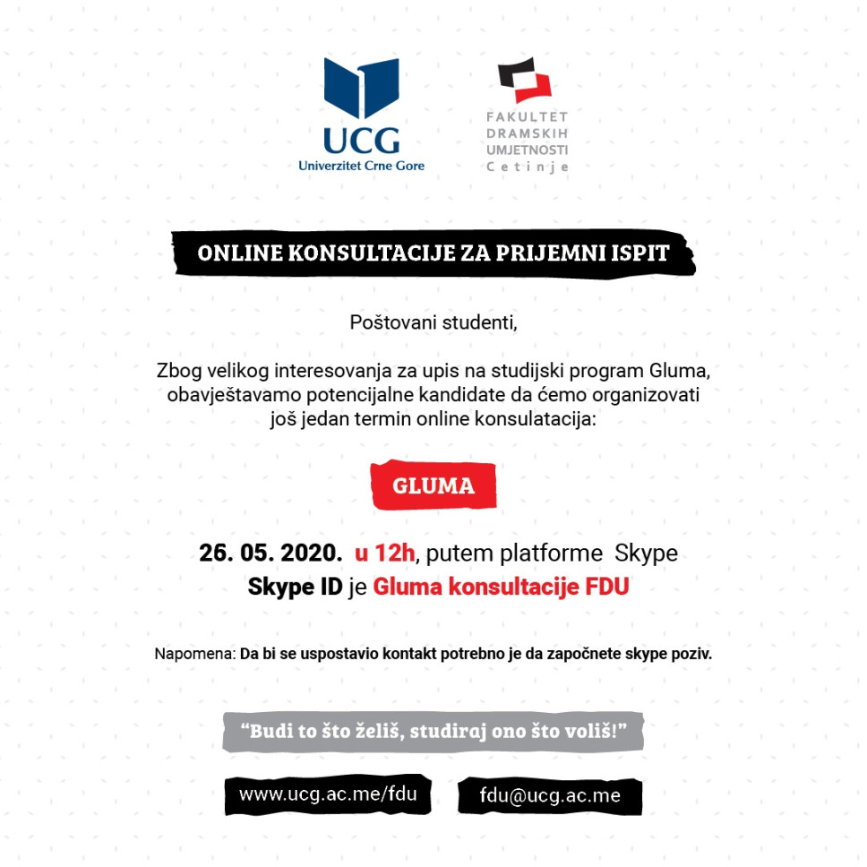 Novi termin online konsultacija za prijemni ispit na studijskom programu Gluma 
