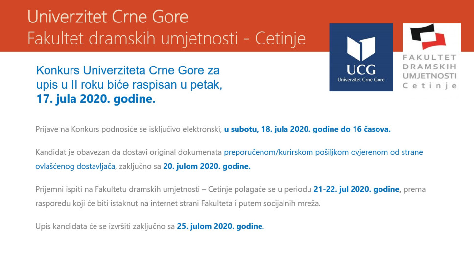 Prijemni ispiti na Fakultetu dramskih umjetnosti – Cetinje polagaće se u periodu od 21-22. jula 2020. godine