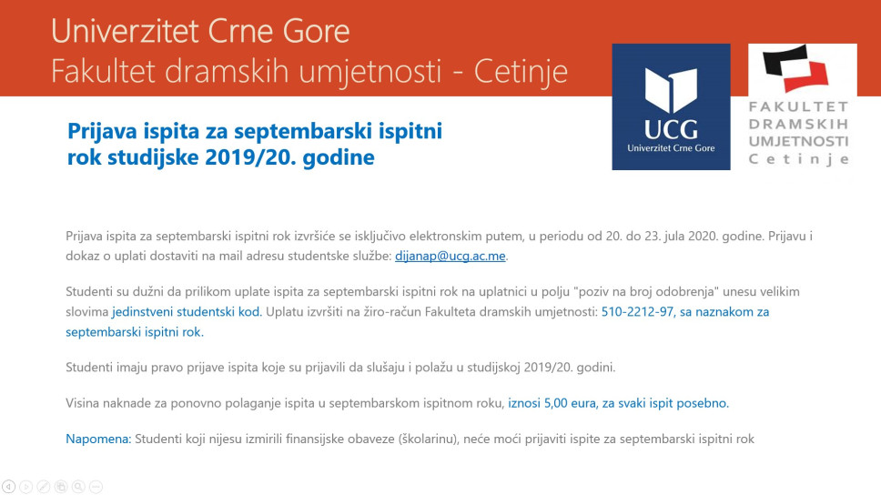 Prijava ispita za septembarski ispitni rok studijske 2019/20. godine