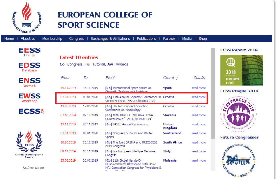 CSA konferencija u vrhu liste događaja Evropskog koledža sportskih nauka za 2020. godinu