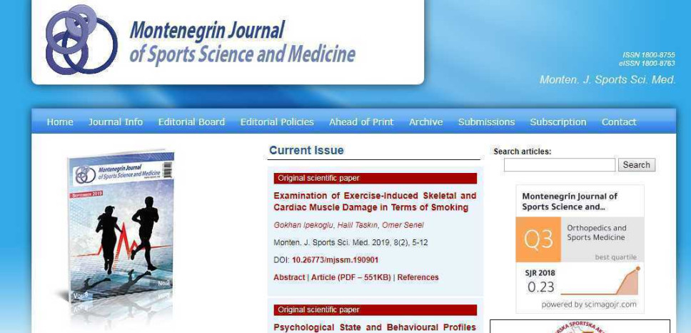 September Issue of Scientific Journal ‘Montenegrin Journal of Sports Science and Medicine’