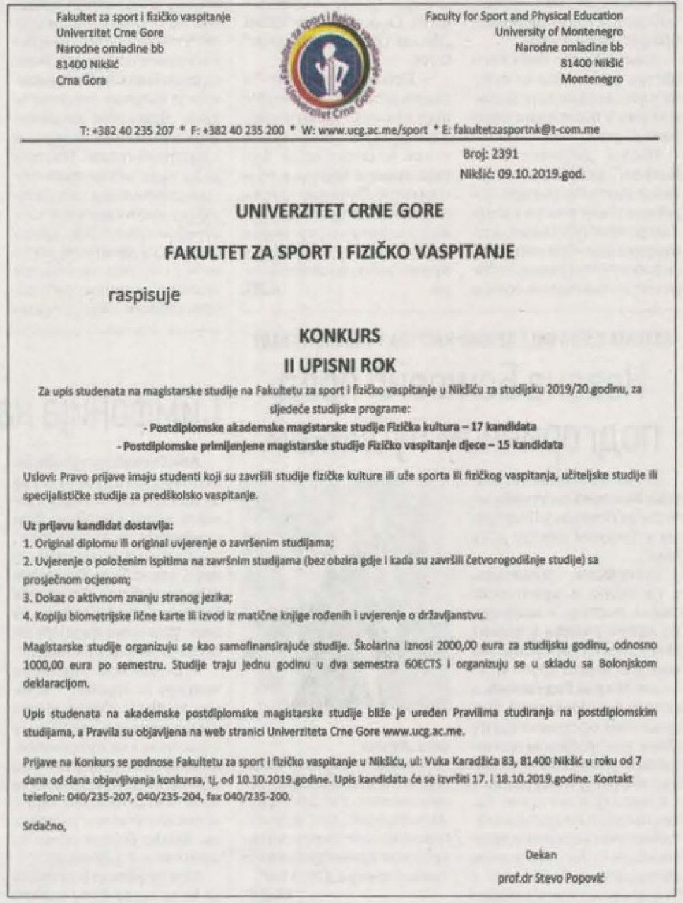 Konkurs za upis na magistarske studije II upisni rok