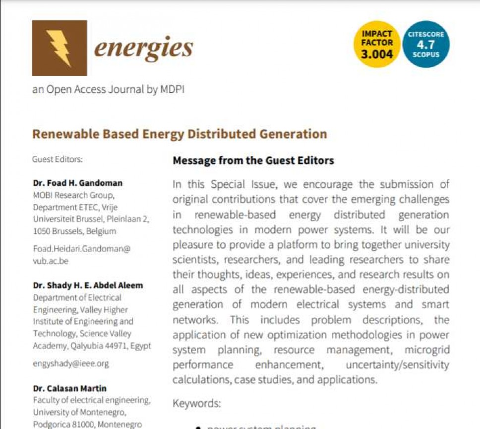 Poziv za predaju originalnih istraživačkih i preglednih radova za specijalno izdanje časopisa ENERGIES 