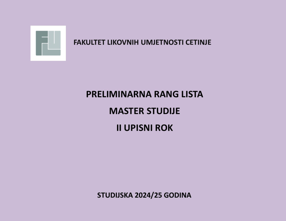 Preliminarna rang lista / MASTER STUDIJE - II upisni rok