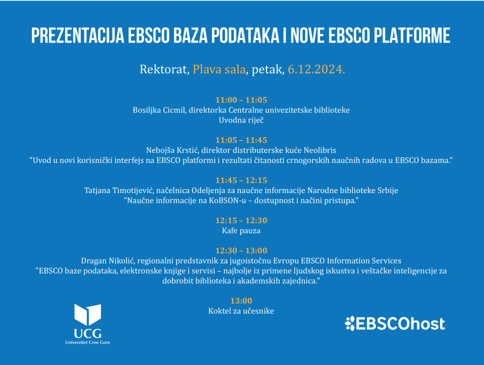 Prezentacija EBSCO baza podataka i nove EBSCO platforme – petak, 6. decembra 2024.