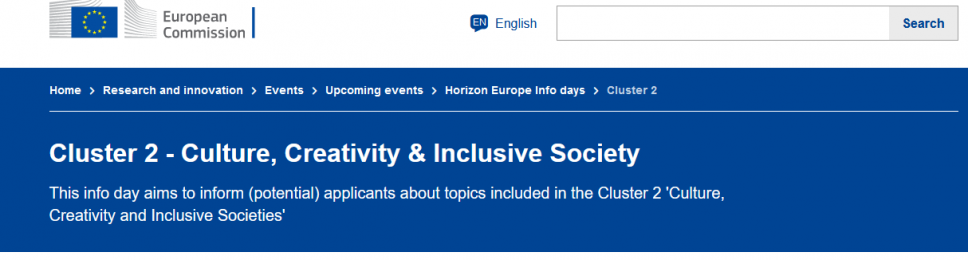 HORIZONT EUROPE INFO DAY for cluster 2 - Kulture, creativity and inclusive society – 7.12.2021.