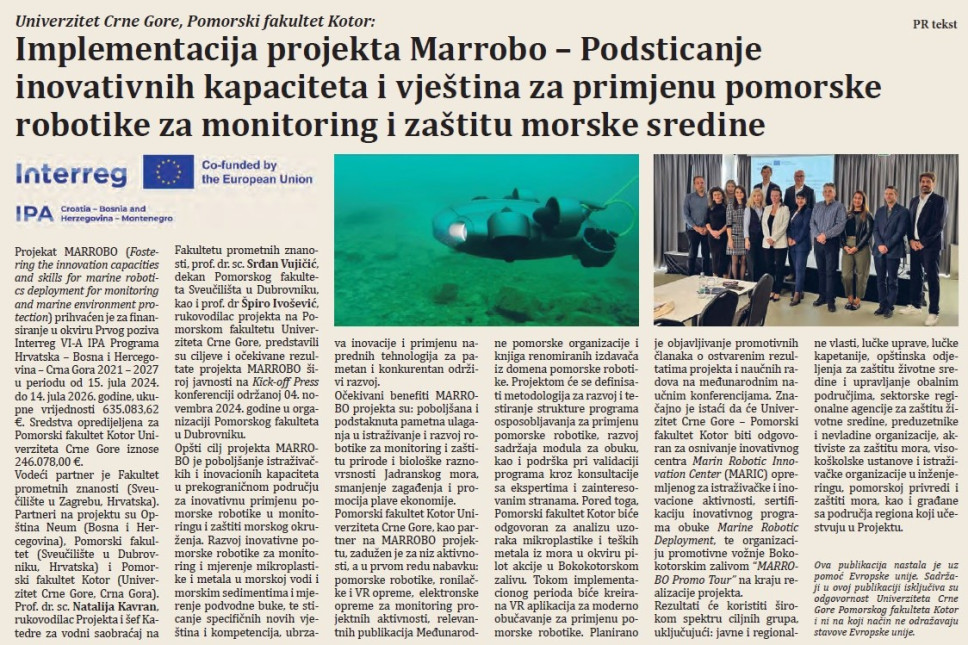 Objavljen promotivni članak o projektu <span class="CyrLatIgnore">MARROBO</span> u dnevnom listu “Pobjeda”
