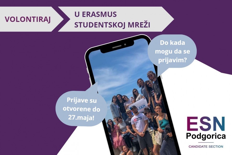<span class="CyrLatIgnore">Erasmus</span> studentska mreža Podgorica raspisuje konkurs za prijem novih volontera