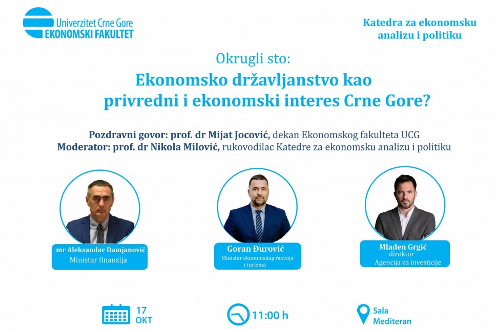 Okrugli sto na temu: Ekonomsko državljanstvo kao privredni i ekonomski interes Crne Gore? 17. oktobra