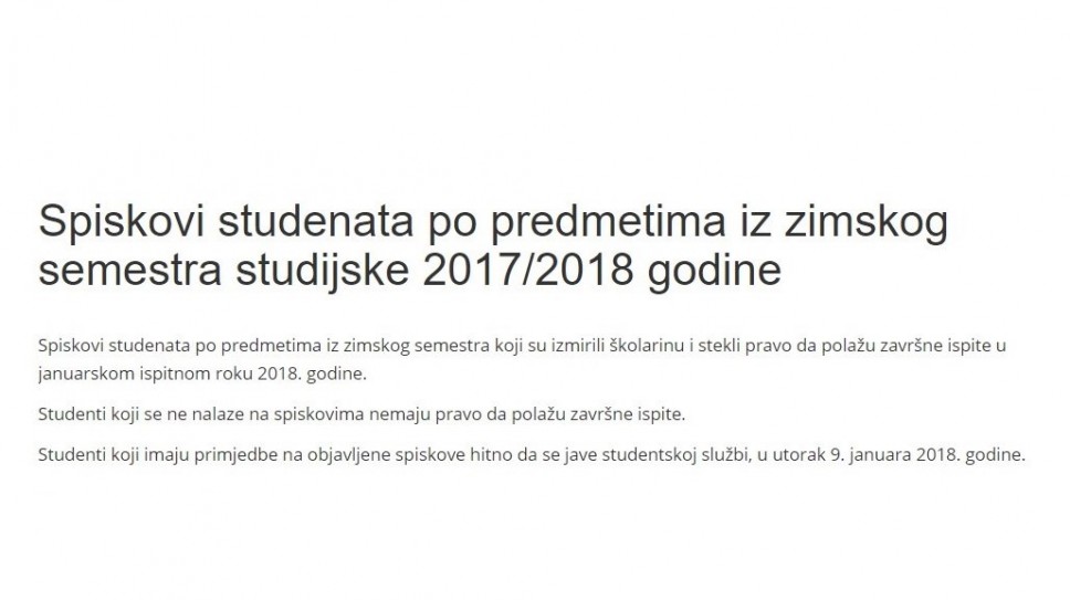 Spiskovi studenata po predmetima iz zimskog semestra studijske 2017/2018 godine