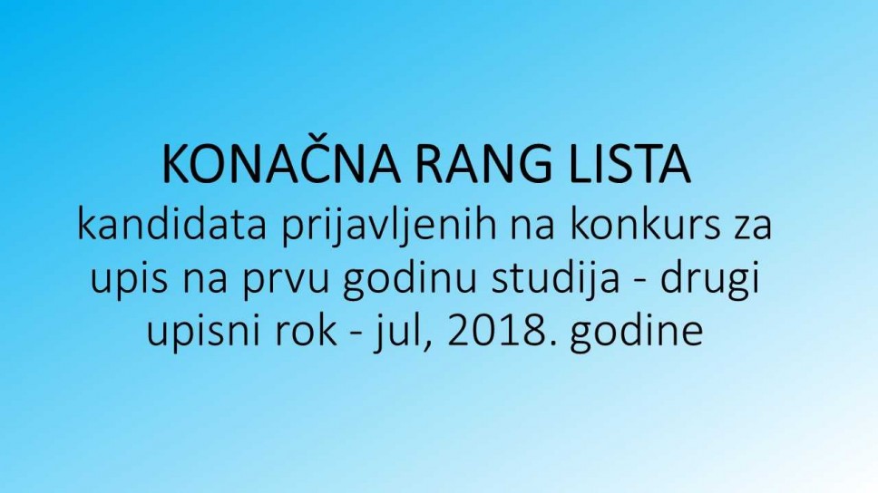 KONAČNA RANG LISTA kandidata prijavljenih na konkurs za upis na prvu godinu studija - drugi upisni rok, Jul, 2018. godine