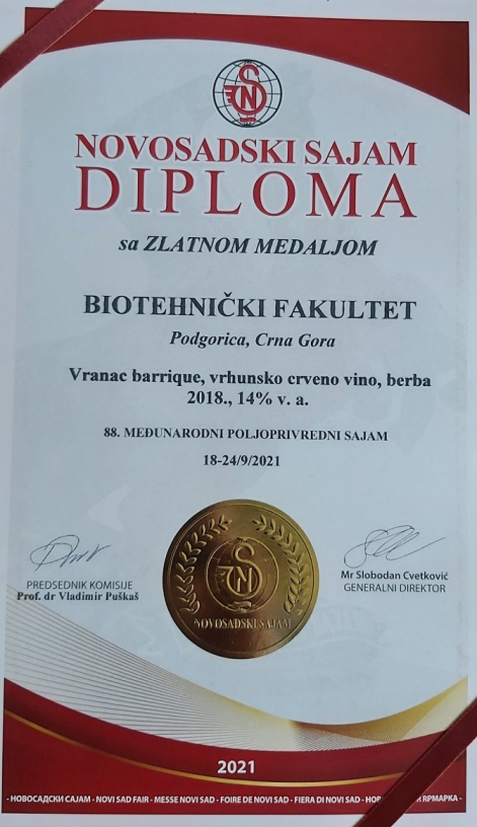 Dvije zlatne medalje za vina Biotehničkog fakulteta – potvrda vrhunskog kvaliteta