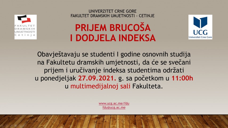 Prijem brucoša i uručivanje indeksa na FDU - Cetinje u ponedeljak, 27.09.2021.g. u 11h 