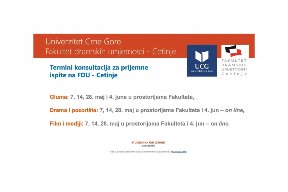 Termini konsultacija za prijemne ispite na FDU - Cetinje (maj-jun) 