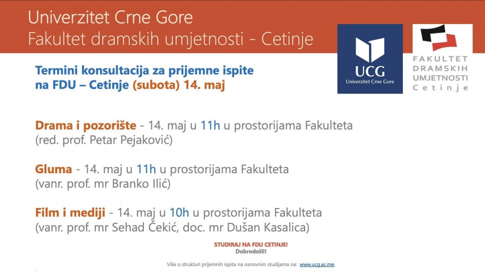 Termini konsulatacija za prijemne ispite - subota 14. maj FDU - Cetinje