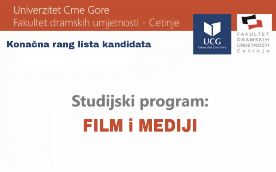 Konačna rang lista kandidata - studijski program Film i mediji (<span class="CyrLatIgnore">I</span>  upisni rok)