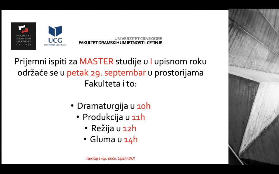 Raspored aktivnosti prijemnih ispita i satnica za upis u I godinu master studija na FDU - Cetinje
