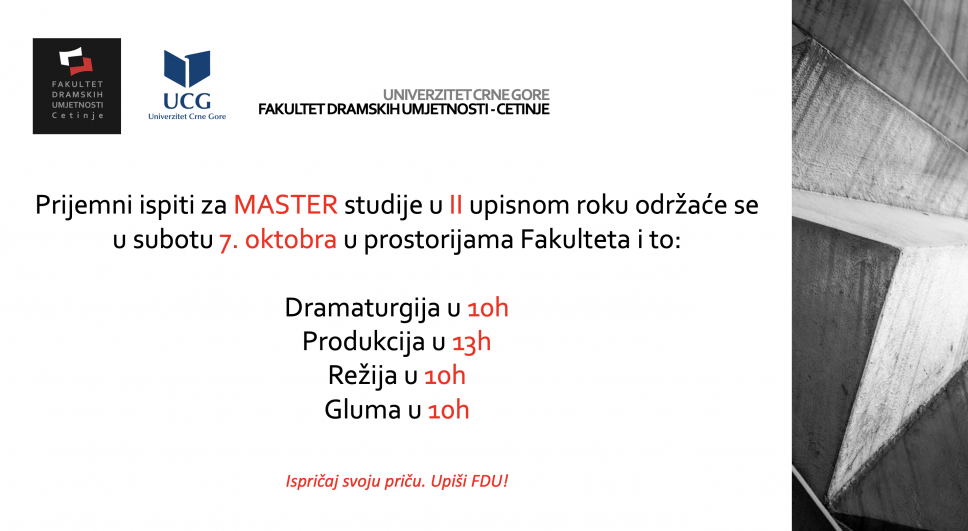 Raspored aktivnosti i satnica prijemnih ispita u <span class="CyrLatIgnore">II</span> roku na master studijama FDU - Cetinje