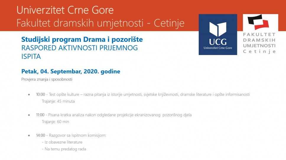 Struktura prijemnog ispita u III upisnom roku na studijskom programu Drama i pozorište