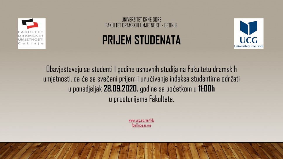 Prijem studenata I godine osnovnih studija na FDU - Cetinje 28.09.2020.g. u 11h