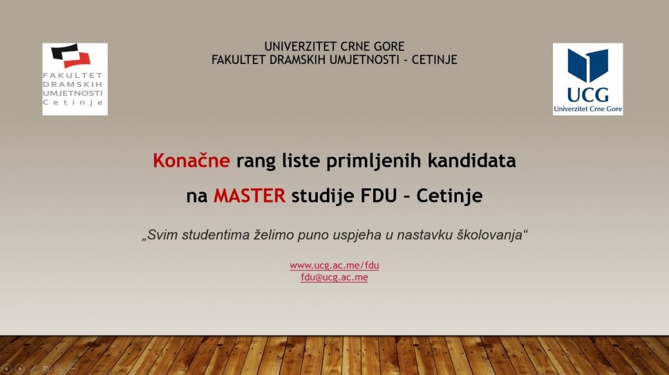 Konačne rang liste primljenih kandidata na MASTER studije FDU - Cetinje