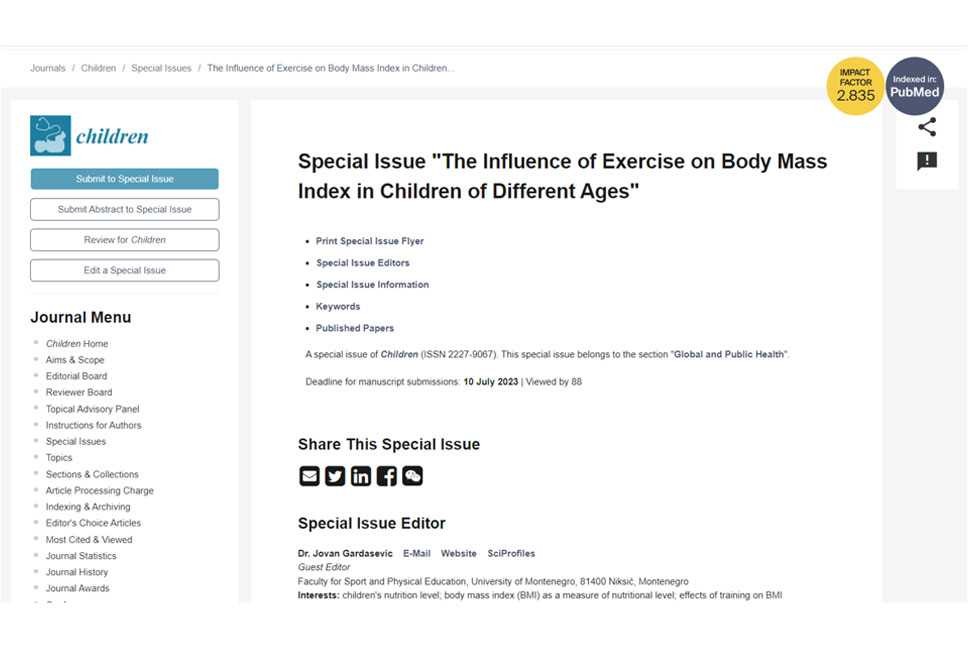 Doc. dr Jovan Gardašević gostujući urednik specijalnog izdanja časopisa “Children” o uticaju vježbanja na indeks tjelesne mase kod djece različitog uzrasta
