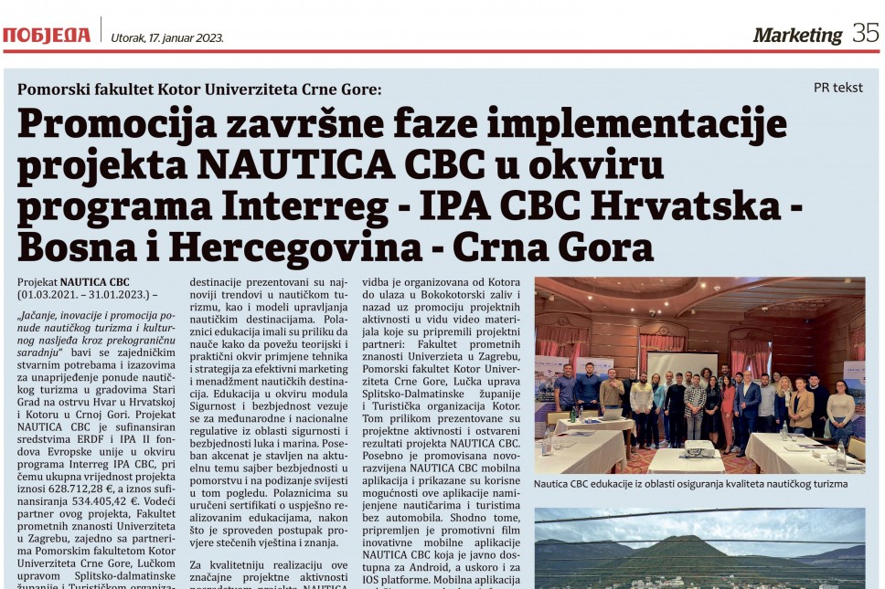 Završna faza implementacije projekta NAUTICA CBC promovisana u dnevnim novinama Pobjeda